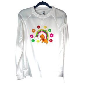 2/$30 Next Level White Sweatshirt Small Colorful Cat & Rainbow Graphic